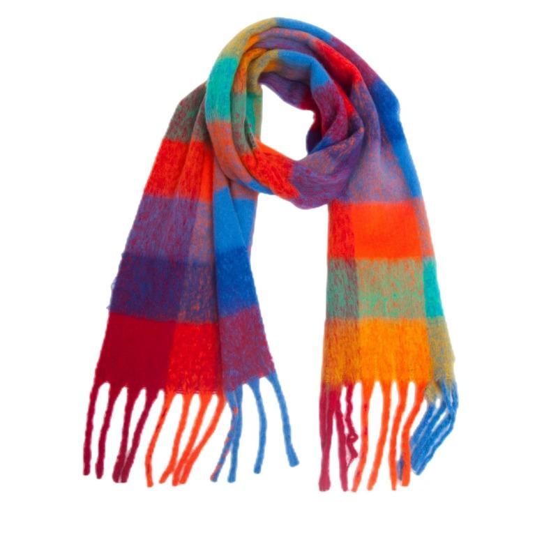 Winter Yarn Thicken Style Luxury Multicolour Plaid Faux Mohair Scarf Women Tassel Long Ring