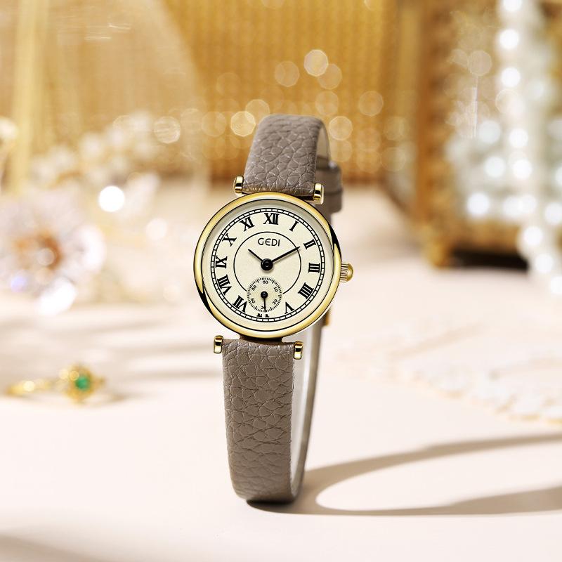 Simple Retro Student Watch High-End Small Seconds Quartz Watch Women'S Niche Lychee Pattern Belt Watch