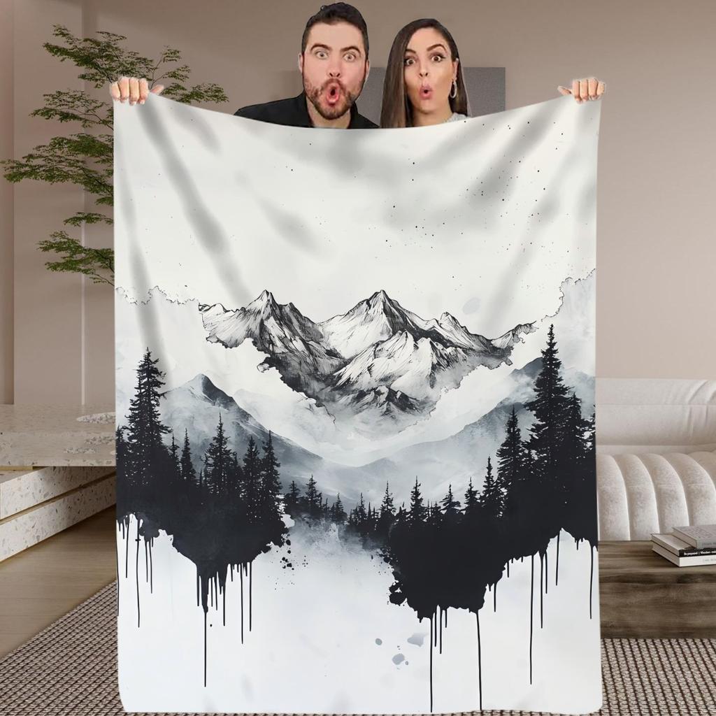 1pc Ink Wash Landscape Printed Blanket - All-Season Soft Flannel Throw with Mountain & Forest Design, Versatile for Home, Bedroo
