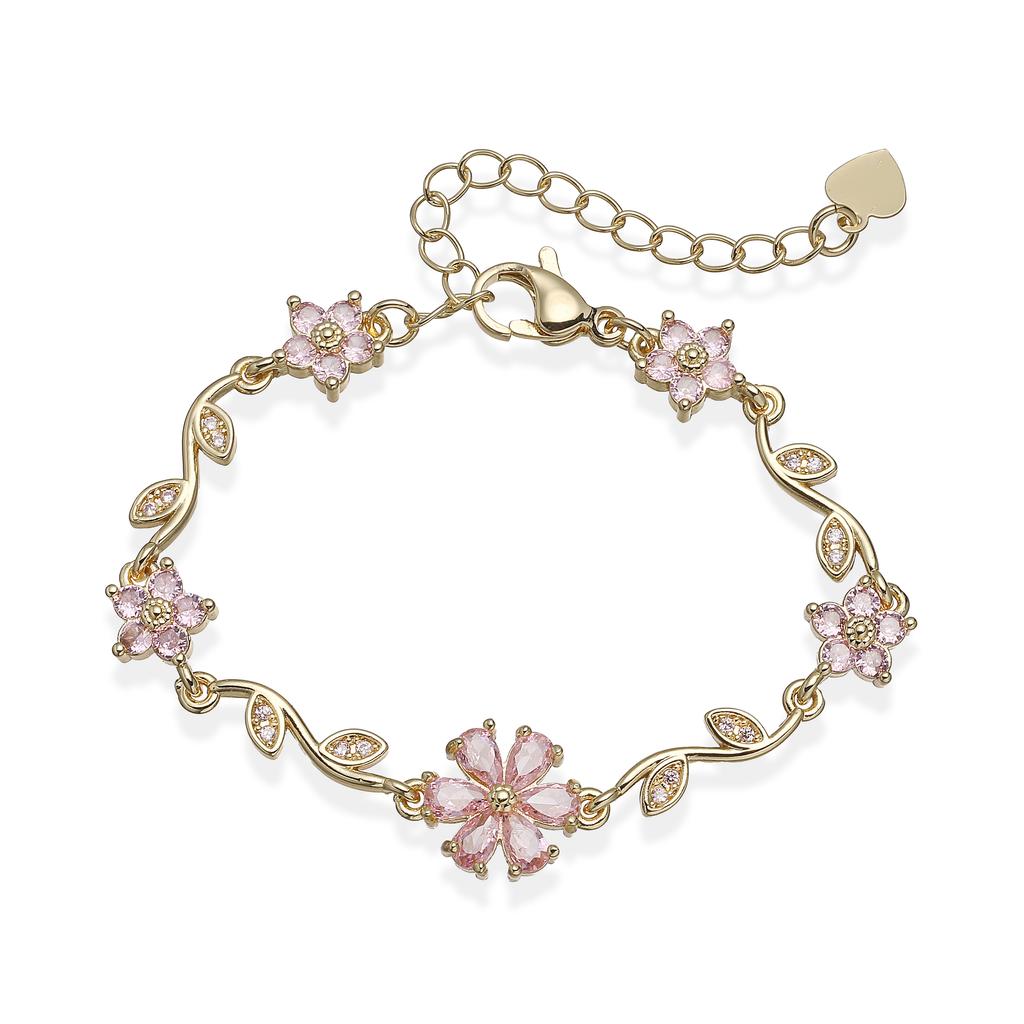 18K Gold Plated Brass Sweet and Cute Splicing Adjustable Cherry Flower Zircon Bracelet for Women's Zircon Birthday Gift 1 Pcs