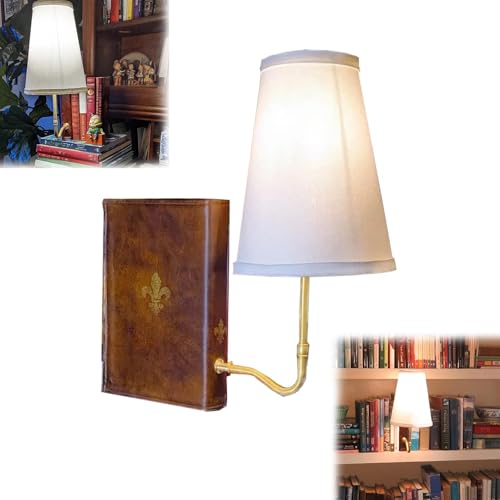 Classic Literary Lamp - Vintage Antique Brass Shelf Lamp With Fabric Shade - Elegant Decorative Table Lamp For Bookshelf Home Display - Scholarly