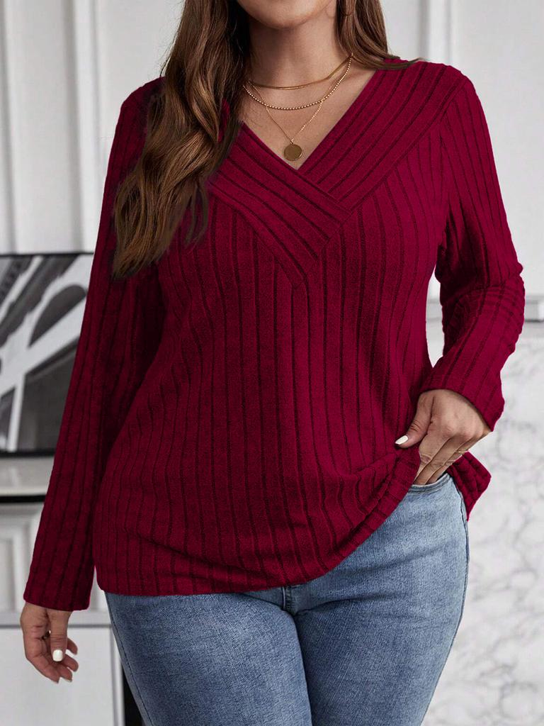 Plus Size Women Ribbed Knit Cross Wrap V Neck Long Sleeve Casual Loose Fit Pullover Sweater Top