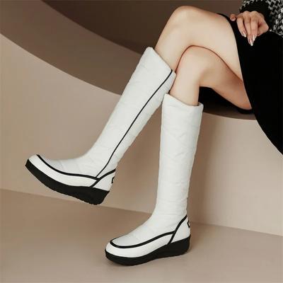 White Winter Warm Fur Knee High Snow Boots Women Red Black Striped PU Waterproof Down Party Lady Wedge Heels Platform Long Boots