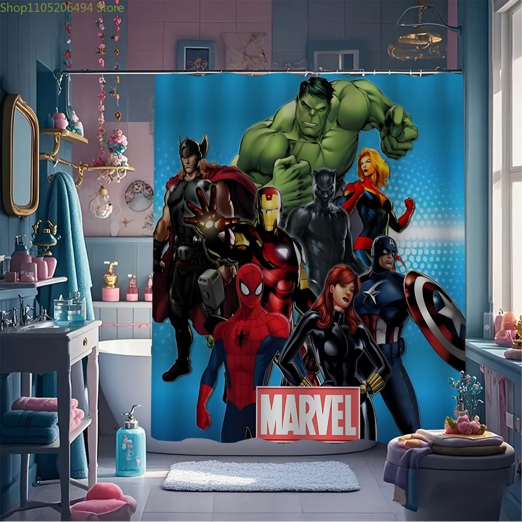 1pz Tenda da Doccia Supereroe Marvel con Ganci - Design Vibrante in Poliestere, Lavabile in Lavatrice, Senza Fodera, Personaggio dei Cartoni Animati Bagno