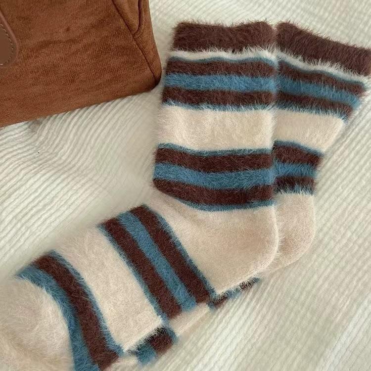 Mink Velvet Socks Warm Korean Retro Color Matching Striped Socks Girl Medium Tube Socks Thickened Velvet Confinement Socks