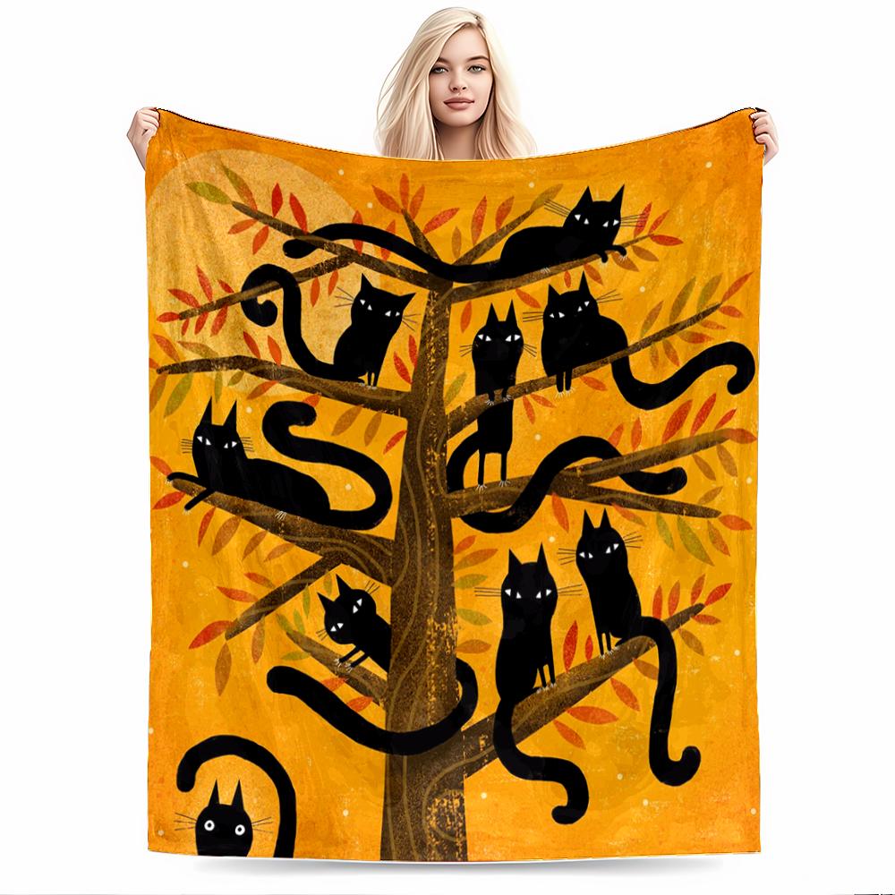 Black Cats in Tree on Orange Background Flannel blanket for bedroom, living room, sofa, and nap