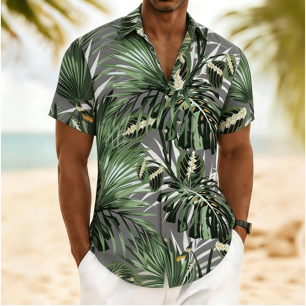 Men's Tropical Monstera & Palm Leaf Print Short Sleeve Shirt, Spring Summer Vintage Hawaiian Vacation