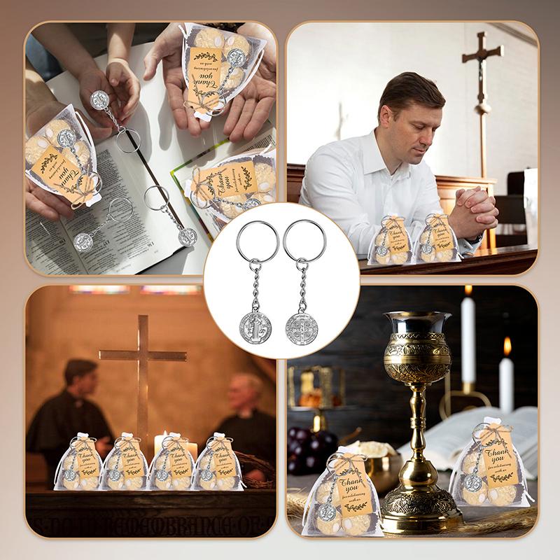 Baptism Key Ring Double Sided St Benedict Medal Keychain With Organza Gift Bags - 24 Sets First Communion Favors For Guests