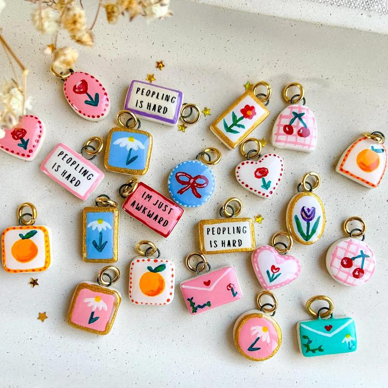 Colorful Dopamine Pendant Flower Fruit Love Shell Drip Oil Printed Pendant Trend Diy Charms Jewelry Making Accessories