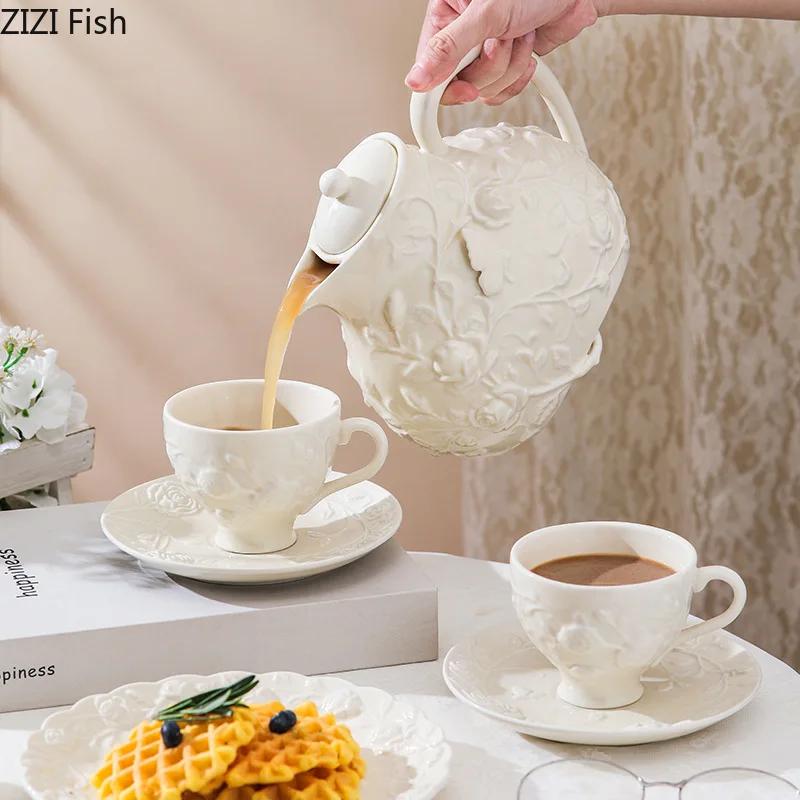 White Floral Relief Classical Ceramic Cup&saucer Dining Table Coffee Mug Milk Mugs Afternoon Tea Teacup Fruit Juice Container