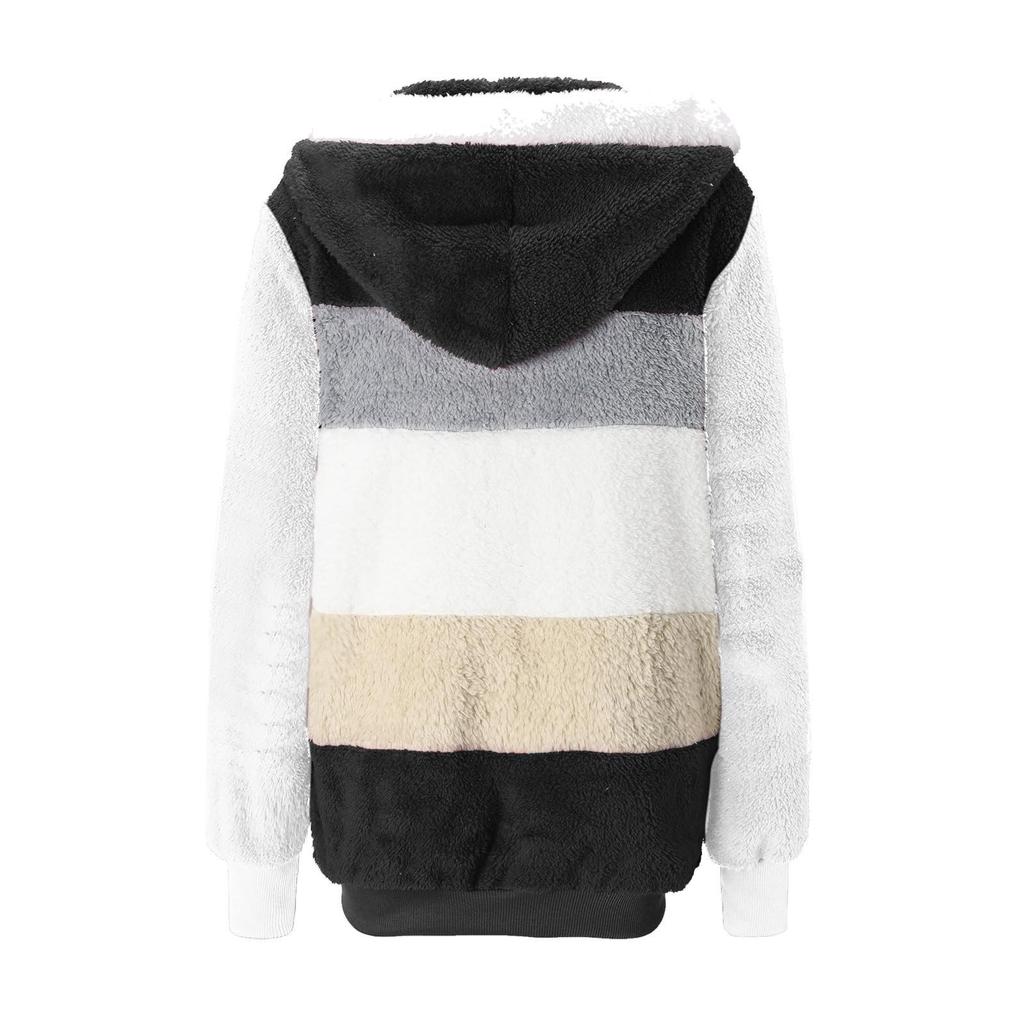 Women's Fashion Stitching Loose Hoodies Long Sleeve Plush Zipper Coat