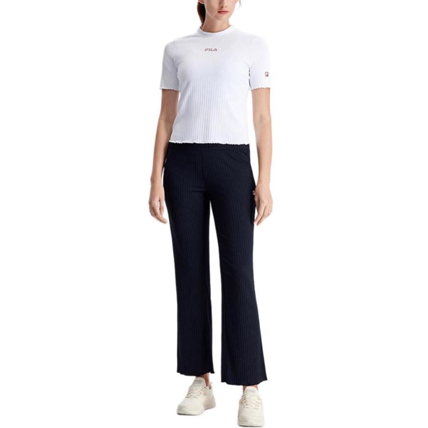 Fila SS23 Solid Color Logo Basic Simple High Waist Sports Wide Leg Long Pants Women Pants Deep-Black A11W321614F-BK