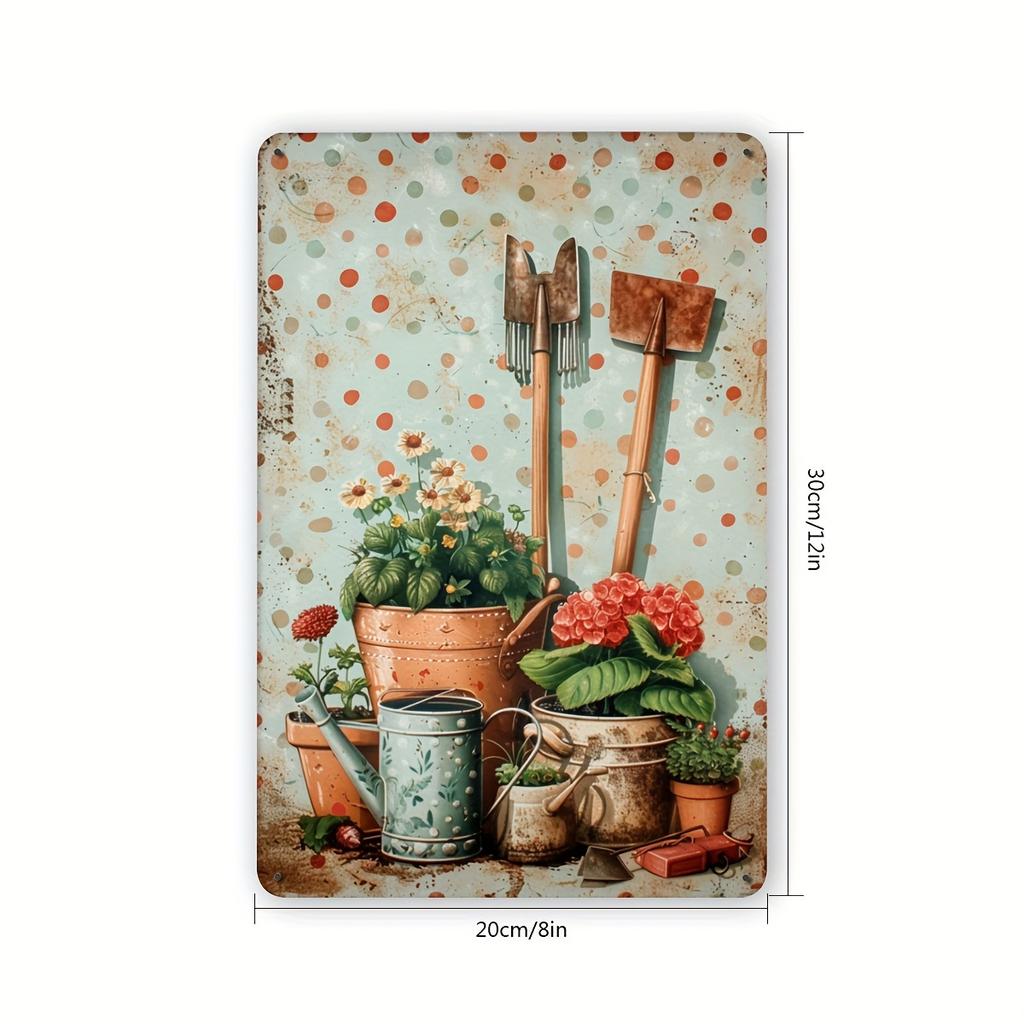1pc Rustic Iron Metal Tin Sign, Vintage Gardening Tools and Plants Illustration, Indoor Outdoor Wall Art Decor for Home, Cafe, G