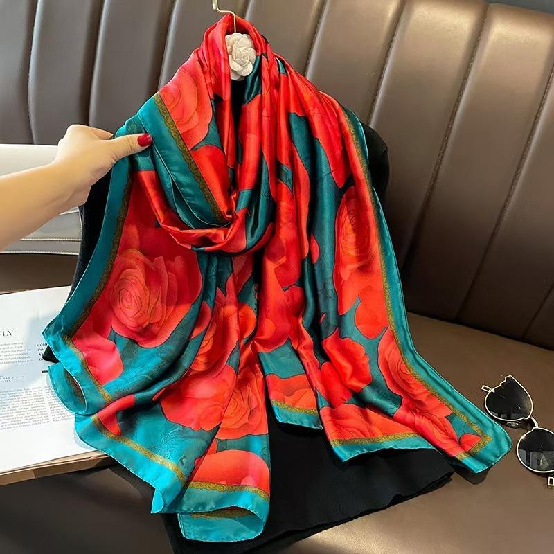 New Lijin Forged Long Scarf Cashew Feather Printed Silk Scarf Fashion Ladies Satin Outer Shawl