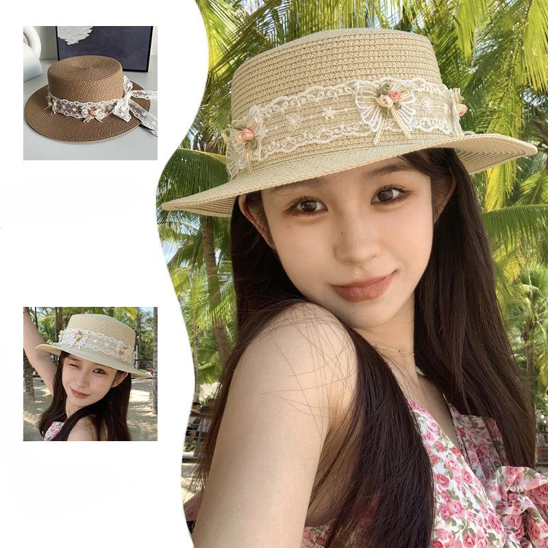 French Lace Bow Strap Straw Hat Women's Spring and Summer Vacation On The Beach and Travel On A Large Brim Sun Protection Flat Top Straw Hat