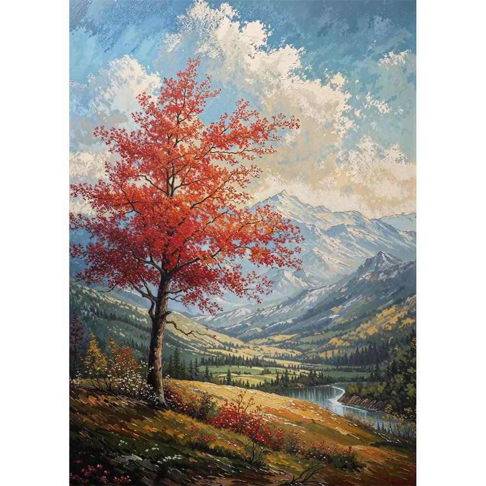 Cabana na Montanha Vista do Vale Caminho de Outono Prado de Verão Floresta de Árvores Nuvem Pôster Pintura em Tela Impressão para Sala de Estar Decoração de Casa