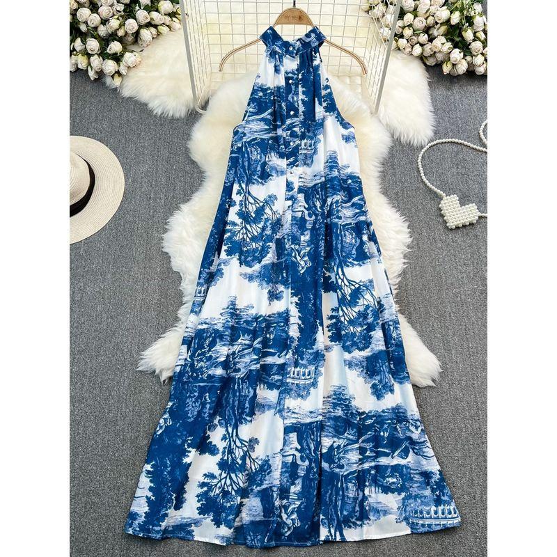 Retro Ink Painting Print Dress Elegance Halterneck