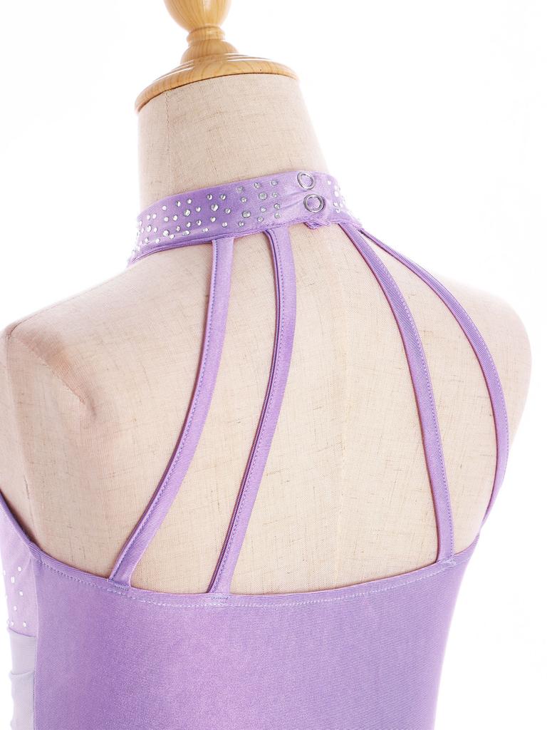 Dívčí lesklé lyrické taneční šaty bez rukávů s nepravidelným lemem, třpytivými kamínky a jemnou aplikací, baletní kostým