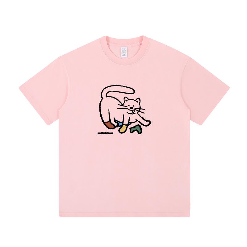 Women's Japanese Kitten Print T-Shirt - Pure Cotton, Short Sleeve, Cute and Loose Fit with Round Neck