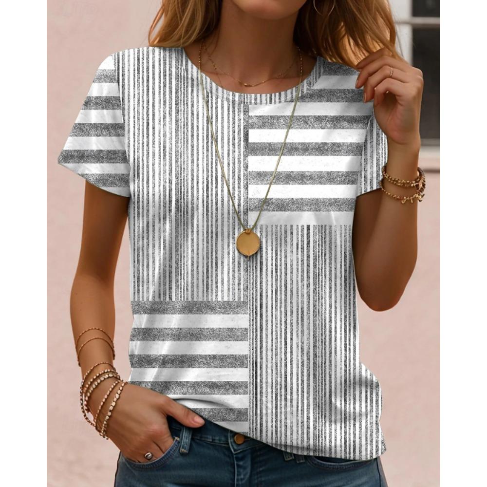 Fashion Women Retro Creative Striped Splicing Print T Shirt Funny Casual O-neck Short Sleeves T-shirt Summer Female Tee Shirt