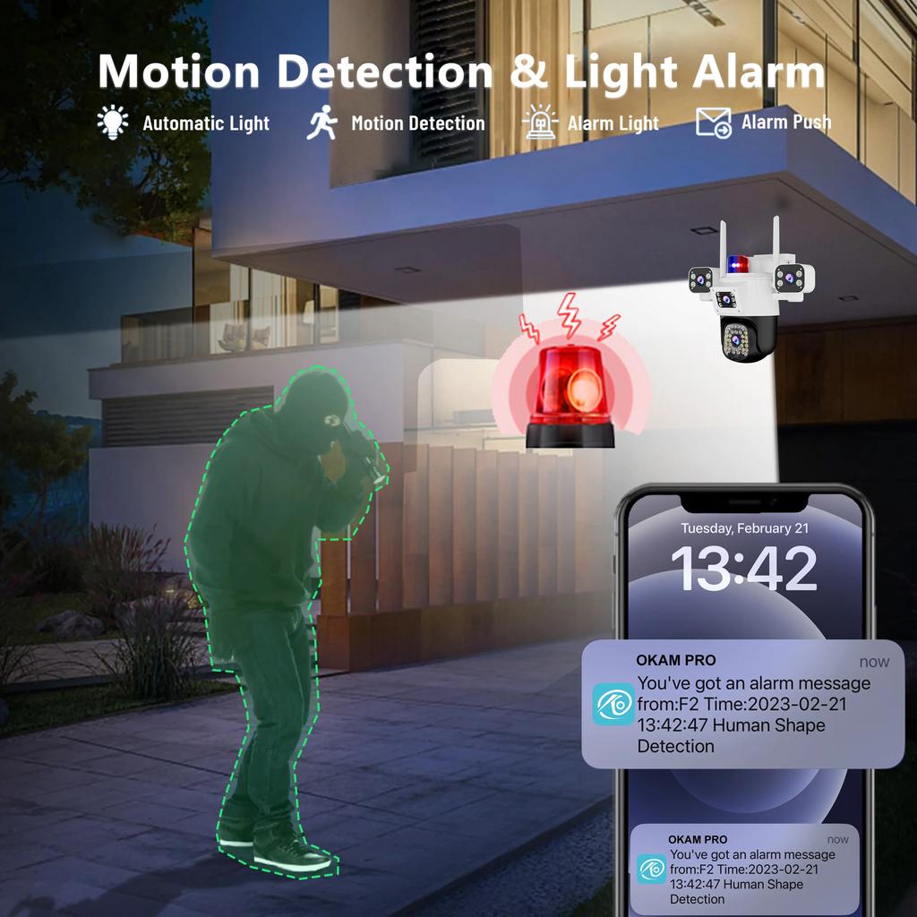 OKAM PRO 4-Lens HD 20MP WiFi Outdoor Camera IP66 Waterproof Smart Light Alarm Video Camera Two-Way Intercom PTZ IP Camera
