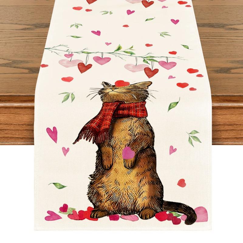 Valentine's Day Table Flag Cat Branch Heart Pattern Table Decoration Indoor Outdoor Home Party Decoration