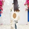 Women Plus Size Beige Green Printed Round Neck Long Sleeve Asymmetrical Top Wide Leg Pants Two Piece Set