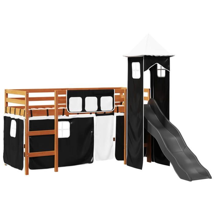 VidaXL Lit mezzanine enfants avec tour blanc/noir 80x200cm pin massif, lit mezzanine, lit mezzanine avec échelle, cadre de 3309125
