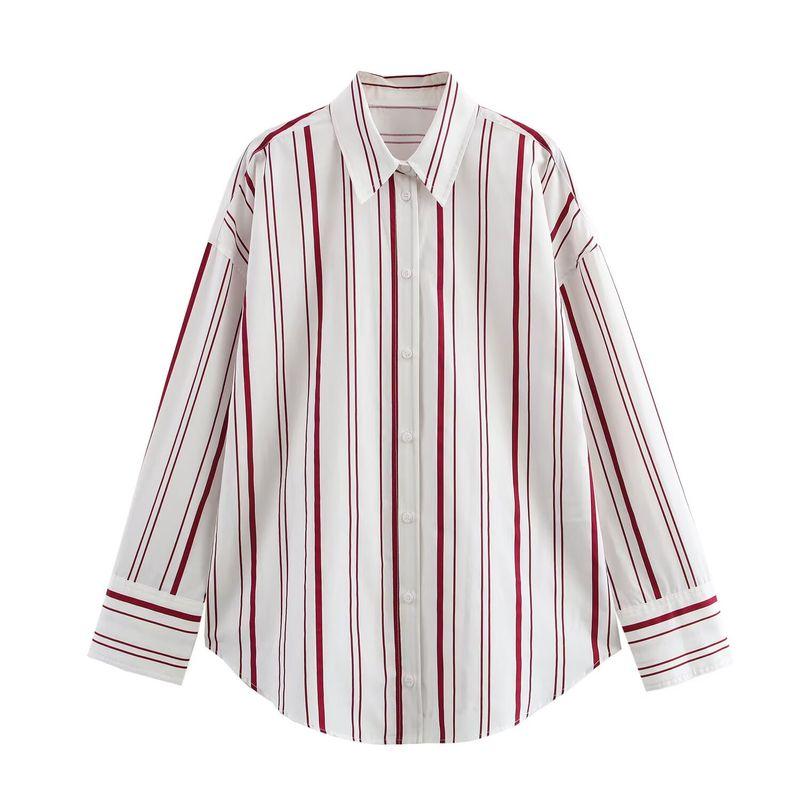 Kaslead New Arrival Women's Fashion Style Stripes Poplin Cotton Long Sleeves Lapel Shirt 2262115 062