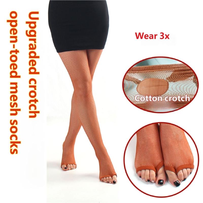 Women's Latin Dance Fishnet Pantyhose Breathable Mesh Fabric Open Toe Cotton Lined Gusset Dancing Tights Stockings