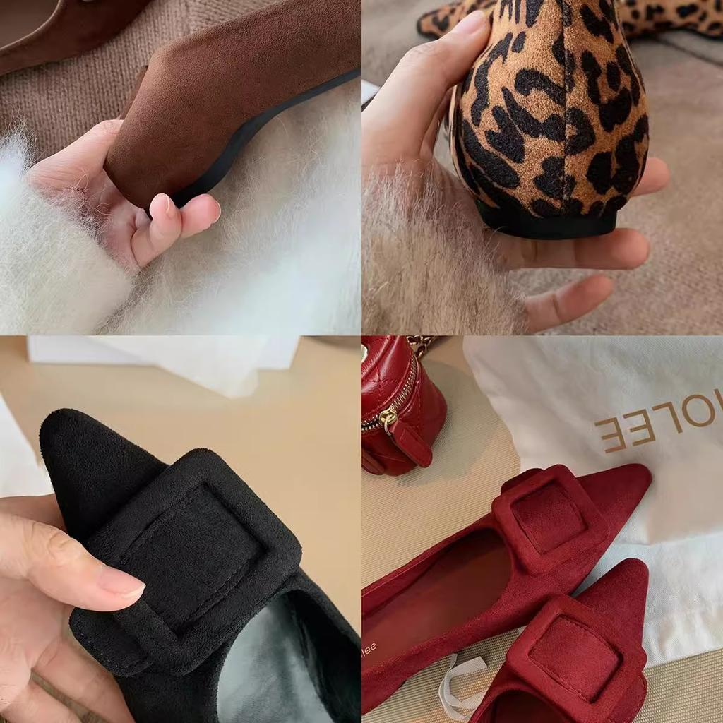 Sheepskin Version~ Temperament Pointed Commuting Square Buckle Versatile Suede Light Mouth Leopard Print Single Shoes Women