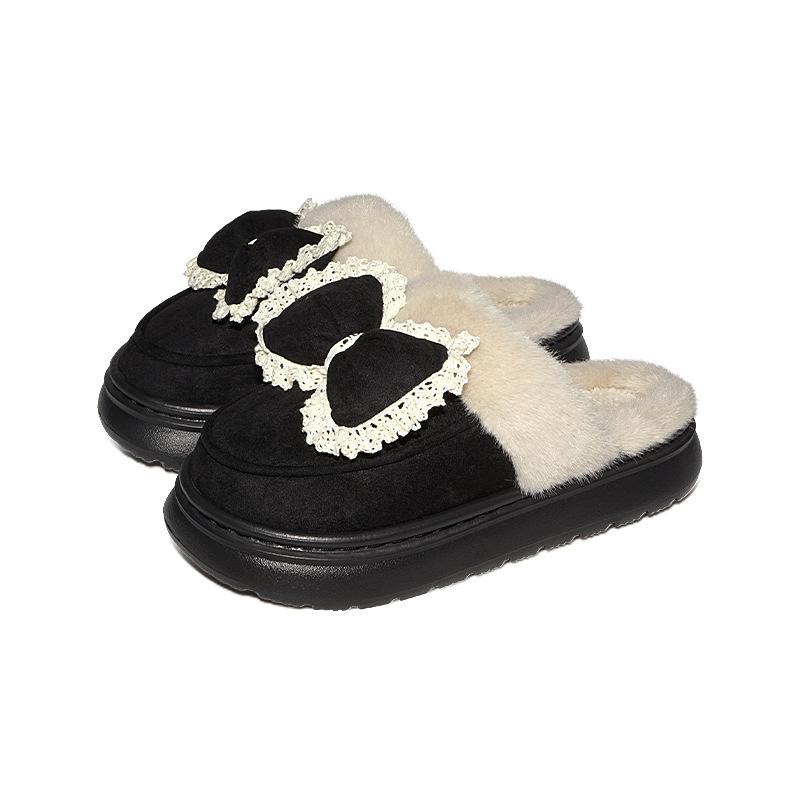 New Bow-tie Fluffy Slippers Autumn and Winter Indoor Thick-soled Heightening Cotton Slippers Home Thermal Cotton Shoes