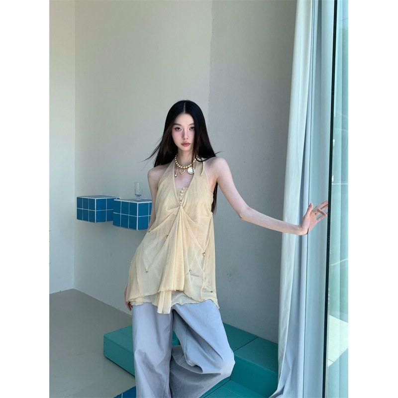 Real Shot of In-Stock Light Khaki Mesh Halter Top with Delicate Pendant Two-Piece Set, Gentle and Elegant Camisole Top Shallow khakis S