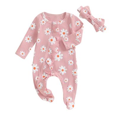 Baby Girl Footies Rompers Flower Print Crew Neck Long Sleeve Ruffles Jumpsuits Fall Clothes Bodysuits with Headband