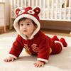 New Year Greeting Outfit for Baby Boys, Red New Year Clothes, Winter Thickened One-Year-Old Boy's Birthday Outfit, One-Piece Romper