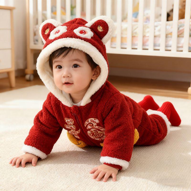 New Year Greeting Outfit for Baby Boys, Red New Year Clothes, Winter Thickened One-Year-Old Boy's Birthday Outfit, One-Piece Romper