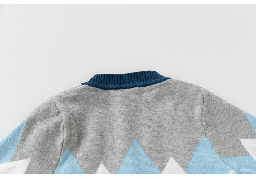 Boys' Double-Layer Cotton Yarn Knit Cardigan with Diamond Pattern - V-Neck New Style