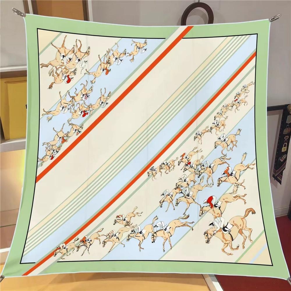 Silk Scarf Women Horse Race Print Square Scarves Head Echarpes Silk Foulards Femme Wraps Beach Shawl Bandana Lady Hijabs 90CM