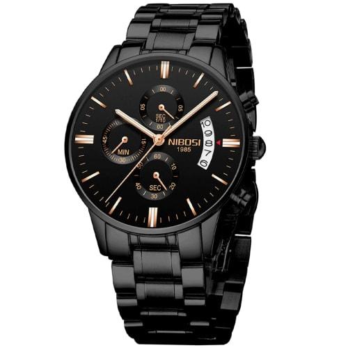NIBOSI Men's Business Watch, Black, Big Face, Chronograph, Analog, Stylish, Casual, Metal Band, Stainless Steel, Date Display, Fluorescent, Luxury, Fa