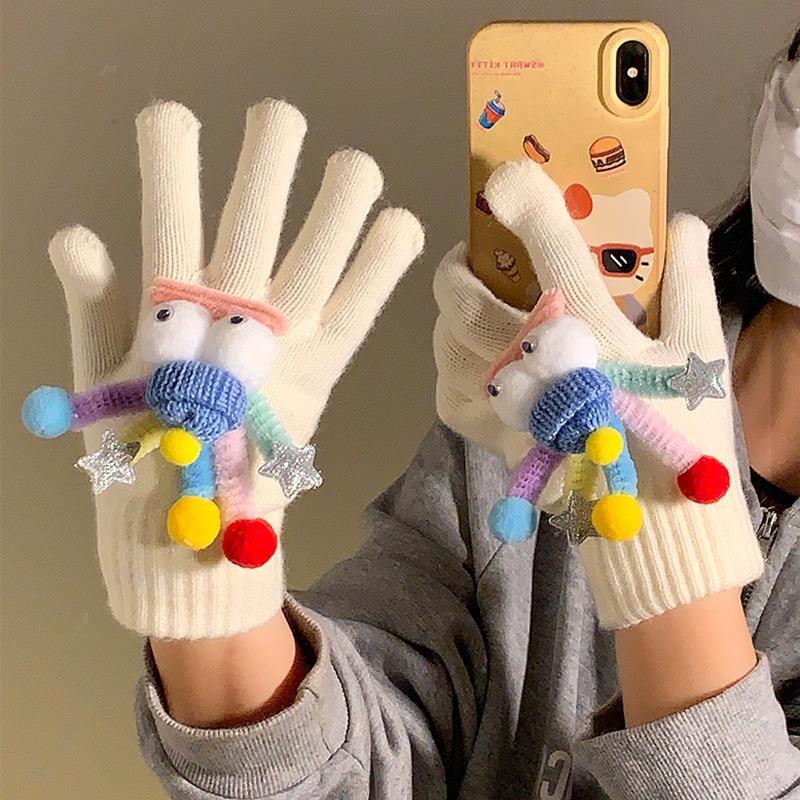 Cute Funny Gloves Women Winter Warm Five Fingers Electric Vehicle Riding Gloves Students Cold Plush