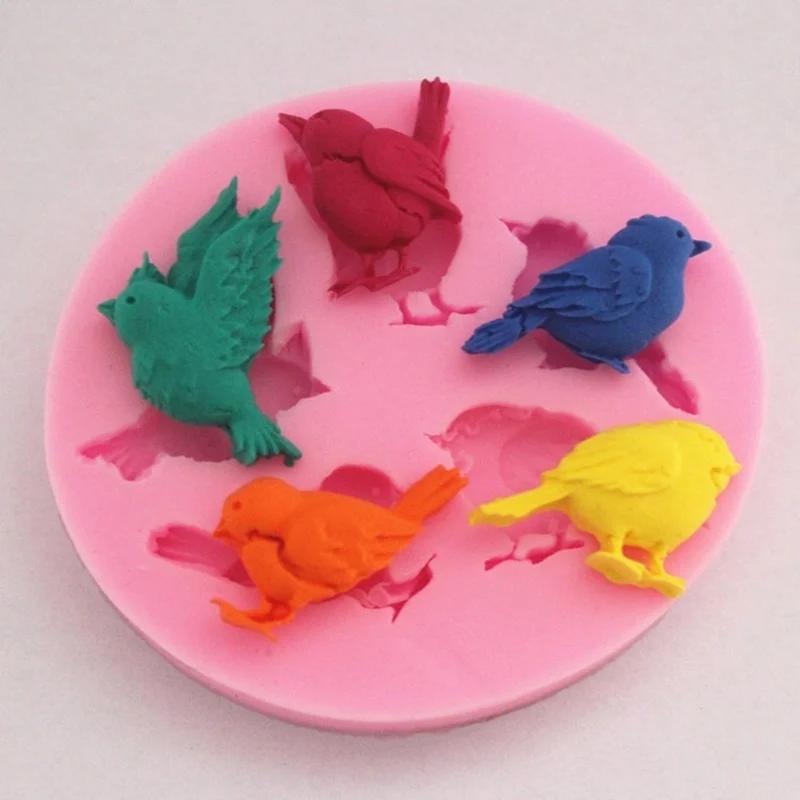 1 Pcs Silicone Mold Handmade Five Bird Shape Cake Cookies Different Poses Convenient Simple Baking Tools