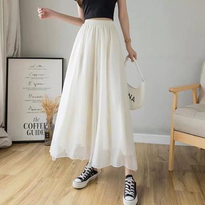 Calças femininas plus size casuais confortáveis de verão, cor sólida, elegantes, de chiffon, com pernas largas