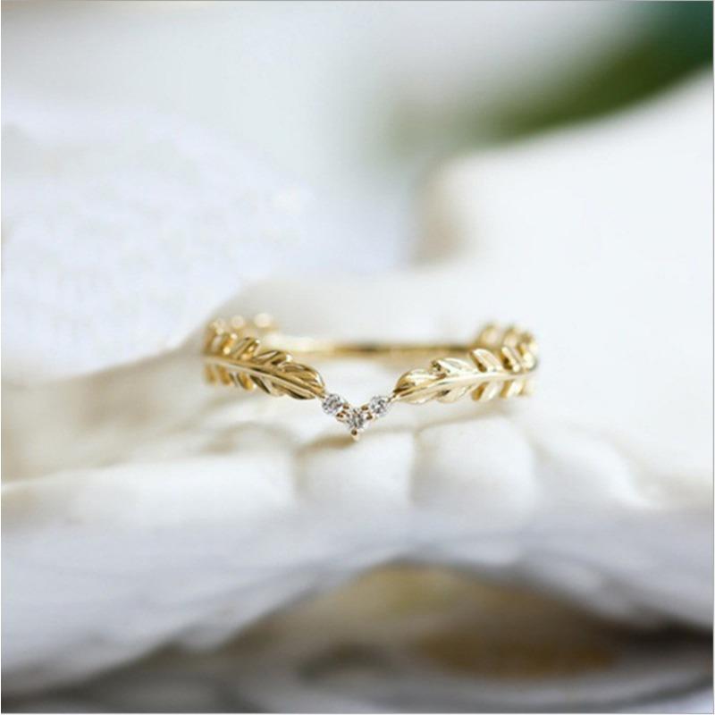 1Pc Fashionable Small Fresh Plated Leaf Synthetic Zircon Ring, Mier Feather Ring