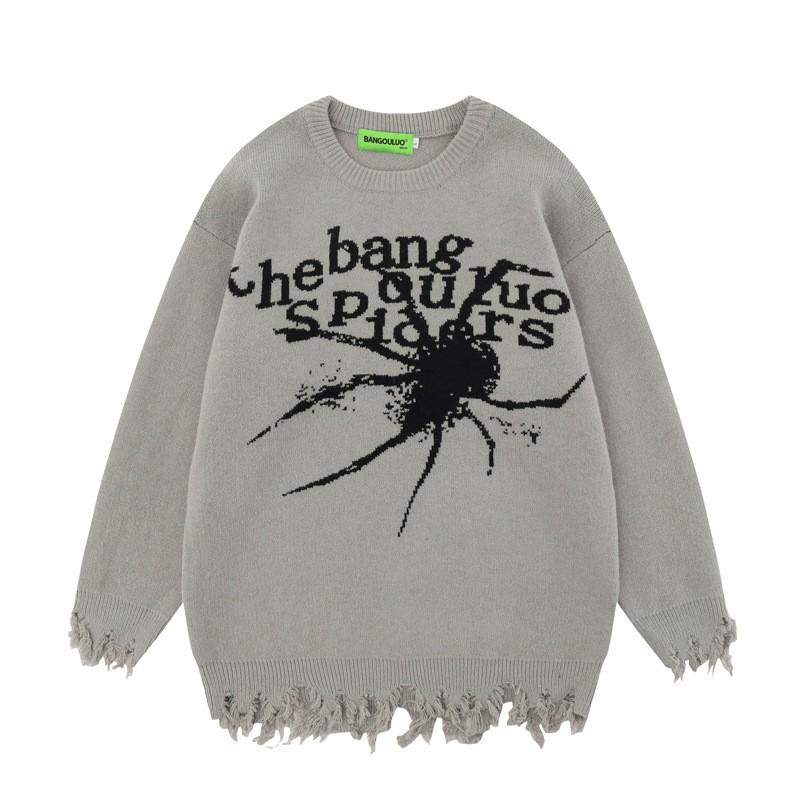 Unisex Streetwear Strickpullover mit Spinnen-Buchstaben-Jacquard Lockerer Schnitt Lässiger Pullover Herbst