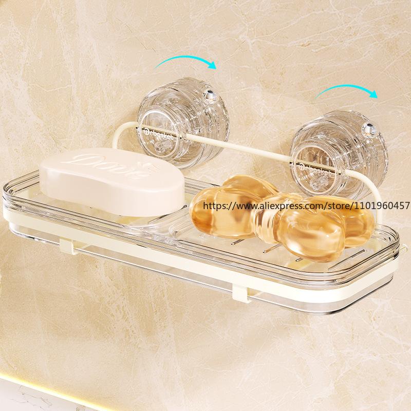 Suction Cup Soap Dish Wall Mount No-Drill Luxury Bathroom Double-Layer Soap Holder with Drainage