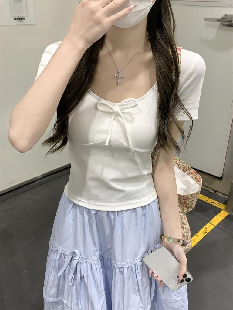 Spring/Summer Korean Style Slim-Fit Bow Tie Lace-Up Short-Sleeved T-Shirt for Women