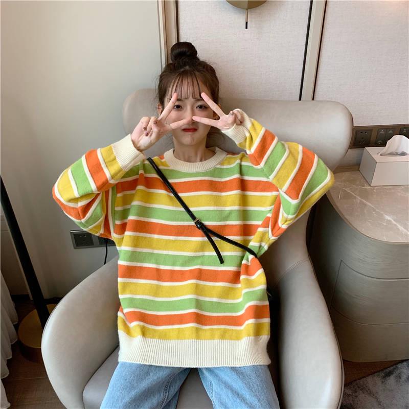 

Свободный полосатый свитер с круглым вырезом, соответствующий цвету, женский осенне-зимний пуловер, свитер