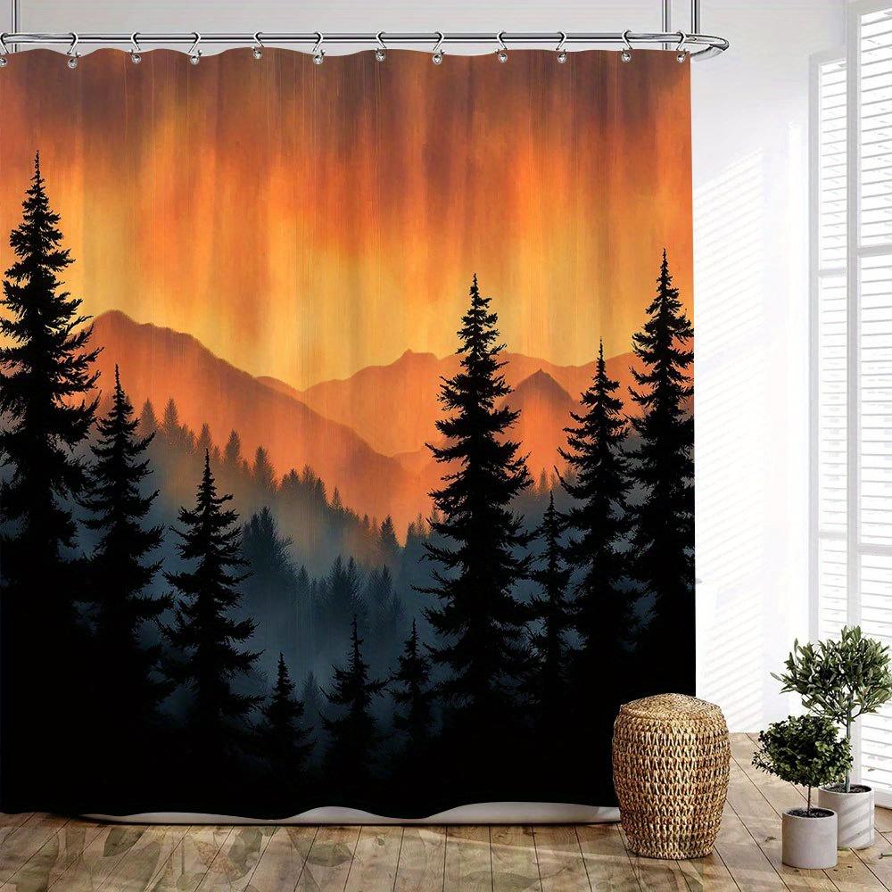 1Pc Sunset Forest Shower Curtain - Tranquil Nature Landscape With Evergreen Trees & Misty Mountains, Orange & Yellow Sky Design,