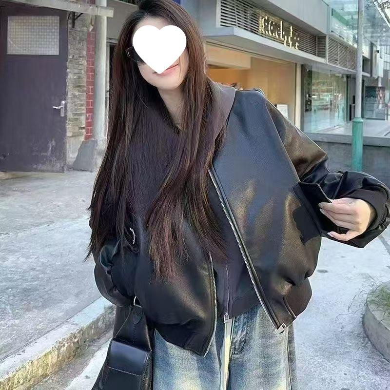 Women's Black Long Sleeve Zipper Leather Baseball Jacket - 2025 Spring/Autumn Retro Loose Motorcycle Style.