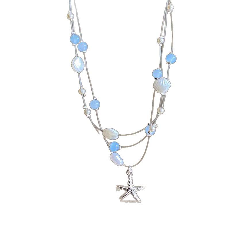 Seaside Vacation Starfish Shell Pearl Necklace Women'S Dopamine Stacked Collarbone Chain Island Style Neck Chain Accessories